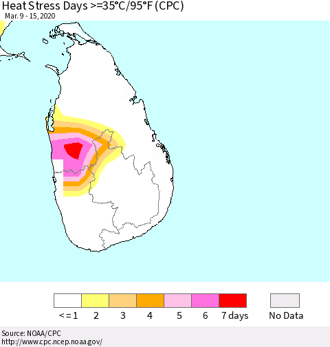 Sri Lanka Heat Stress Days >=35°C/95°F (CPC) Thematic Map For 3/9/2020 - 3/15/2020