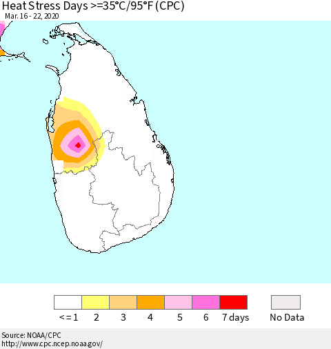 Sri Lanka Heat Stress Days >=35°C/95°F (CPC) Thematic Map For 3/16/2020 - 3/22/2020