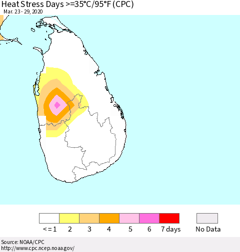 Sri Lanka Heat Stress Days >=35°C/95°F (CPC) Thematic Map For 3/23/2020 - 3/29/2020
