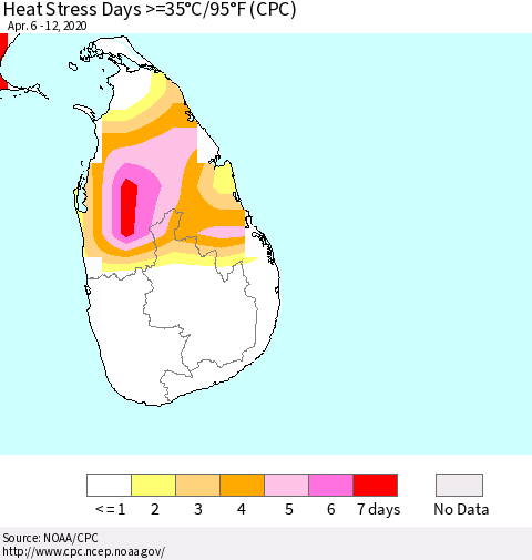 Sri Lanka Heat Stress Days >=35°C/95°F (CPC) Thematic Map For 4/6/2020 - 4/12/2020