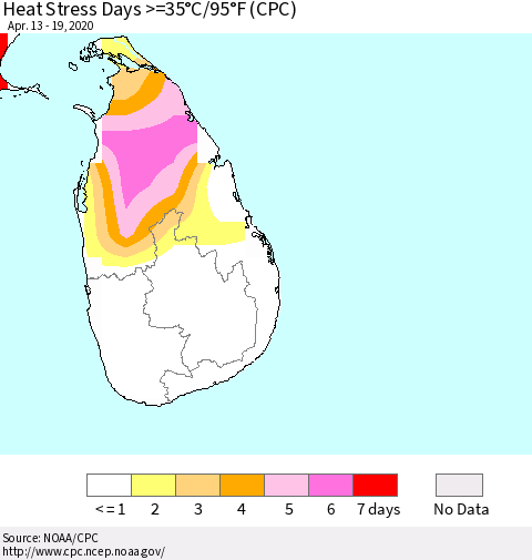 Sri Lanka Heat Stress Days >=35°C/95°F (CPC) Thematic Map For 4/13/2020 - 4/19/2020