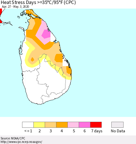 Sri Lanka Heat Stress Days >=35°C/95°F (CPC) Thematic Map For 4/27/2020 - 5/3/2020