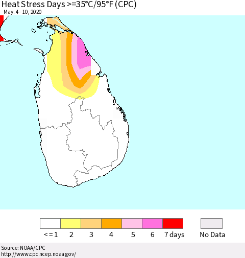 Sri Lanka Heat Stress Days >=35°C/95°F (CPC) Thematic Map For 5/4/2020 - 5/10/2020