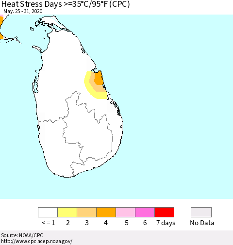 Sri Lanka Heat Stress Days >=35°C/95°F (CPC) Thematic Map For 5/25/2020 - 5/31/2020