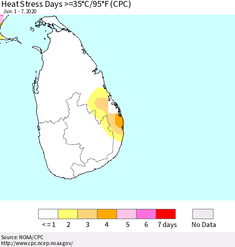 Sri Lanka Heat Stress Days >=35°C/95°F (CPC) Thematic Map For 6/1/2020 - 6/7/2020