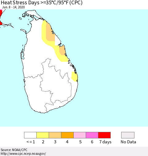 Sri Lanka Heat Stress Days >=35°C/95°F (CPC) Thematic Map For 6/8/2020 - 6/14/2020