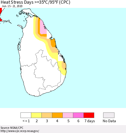 Sri Lanka Heat Stress Days >=35°C/95°F (CPC) Thematic Map For 6/15/2020 - 6/21/2020