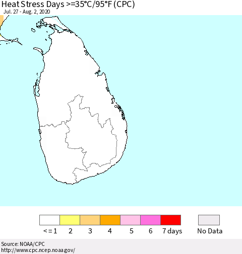 Sri Lanka Heat Stress Days >=35°C/95°F (CPC) Thematic Map For 7/27/2020 - 8/2/2020