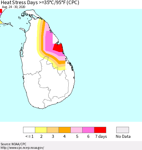 Sri Lanka Heat Stress Days >=35°C/95°F (CPC) Thematic Map For 8/24/2020 - 8/30/2020