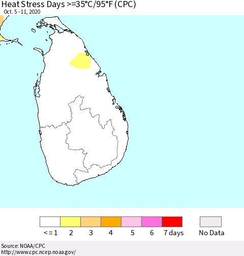 Sri Lanka Heat Stress Days >=35°C/95°F (CPC) Thematic Map For 10/5/2020 - 10/11/2020