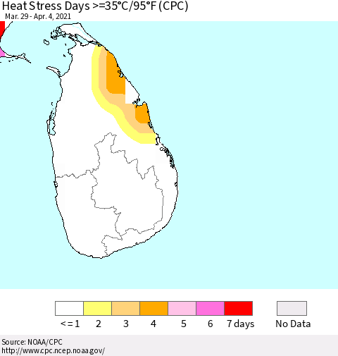 Sri Lanka Heat Stress Days >=35°C/95°F (CPC) Thematic Map For 3/29/2021 - 4/4/2021