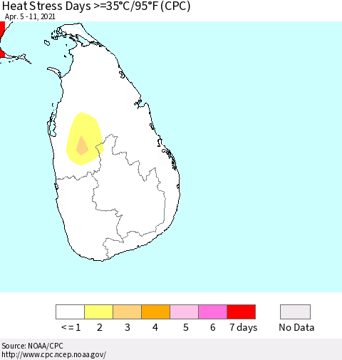 Sri Lanka Heat Stress Days >=35°C/95°F (CPC) Thematic Map For 4/5/2021 - 4/11/2021