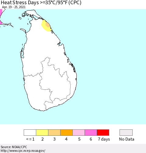 Sri Lanka Heat Stress Days >=35°C/95°F (CPC) Thematic Map For 4/19/2021 - 4/25/2021