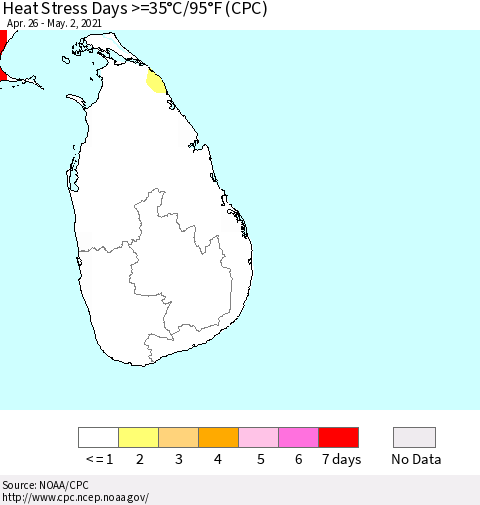Sri Lanka Heat Stress Days >=35°C/95°F (CPC) Thematic Map For 4/26/2021 - 5/2/2021