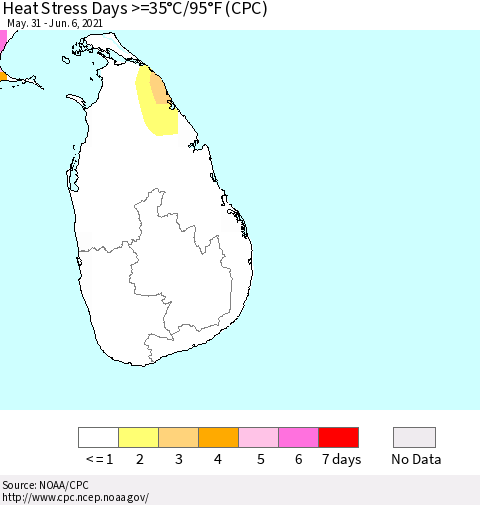 Sri Lanka Heat Stress Days >=35°C/95°F (CPC) Thematic Map For 5/31/2021 - 6/6/2021