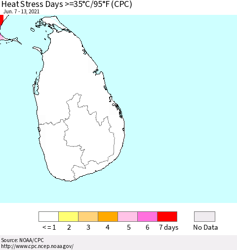 Sri Lanka Heat Stress Days >=35°C/95°F (CPC) Thematic Map For 6/7/2021 - 6/13/2021