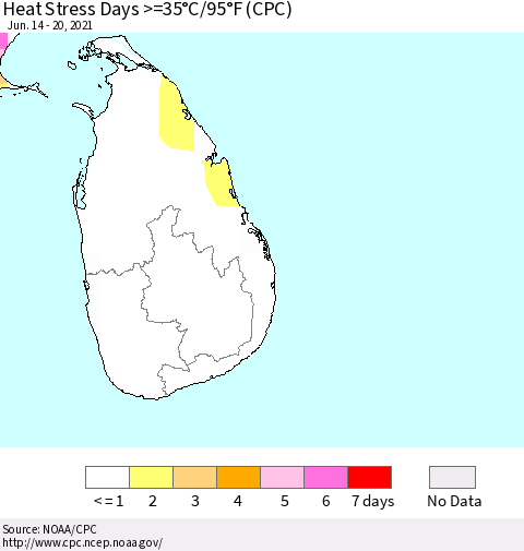 Sri Lanka Heat Stress Days >=35°C/95°F (CPC) Thematic Map For 6/14/2021 - 6/20/2021