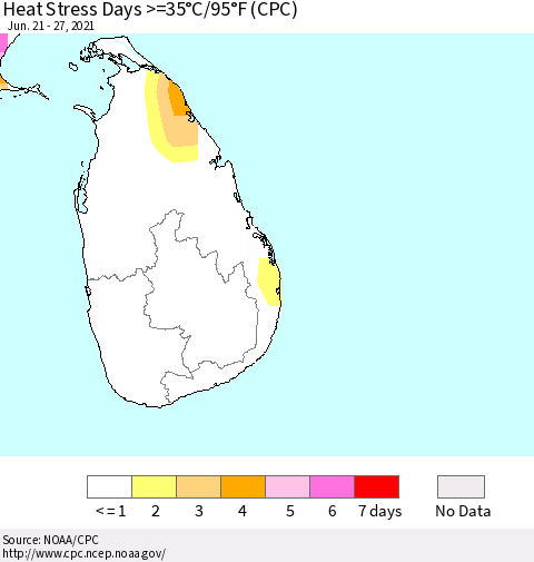 Sri Lanka Heat Stress Days >=35°C/95°F (CPC) Thematic Map For 6/21/2021 - 6/27/2021