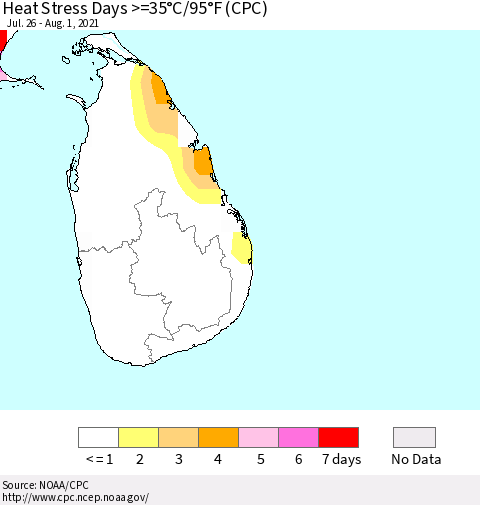Sri Lanka Heat Stress Days >=35°C/95°F (CPC) Thematic Map For 7/26/2021 - 8/1/2021