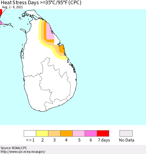 Sri Lanka Heat Stress Days >=35°C/95°F (CPC) Thematic Map For 8/2/2021 - 8/8/2021
