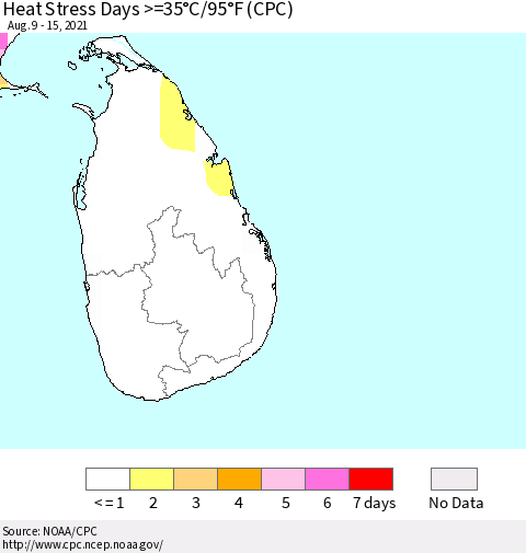 Sri Lanka Heat Stress Days >=35°C/95°F (CPC) Thematic Map For 8/9/2021 - 8/15/2021