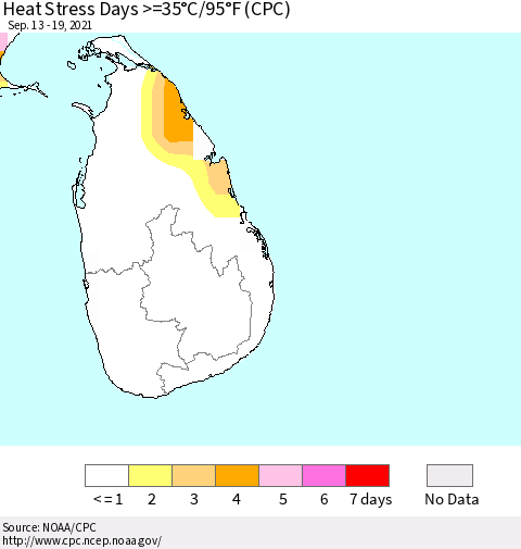 Sri Lanka Heat Stress Days >=35°C/95°F (CPC) Thematic Map For 9/13/2021 - 9/19/2021