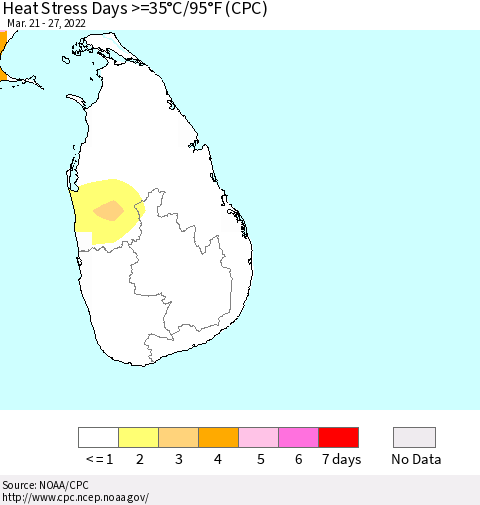Sri Lanka Heat Stress Days >=35°C/95°F (CPC) Thematic Map For 3/21/2022 - 3/27/2022