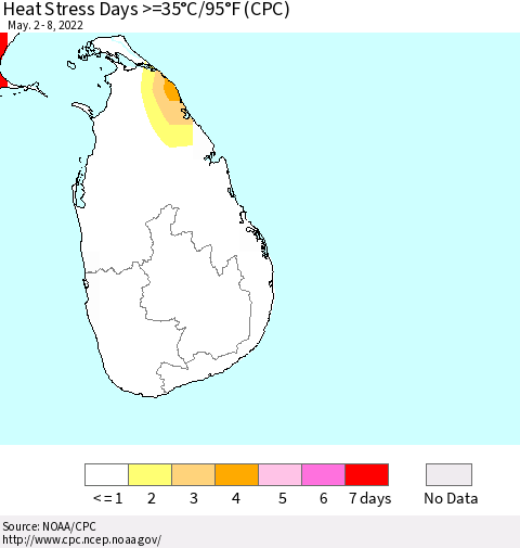 Sri Lanka Heat Stress Days >=35°C/95°F (CPC) Thematic Map For 5/2/2022 - 5/8/2022