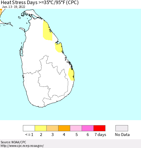 Sri Lanka Heat Stress Days >=35°C/95°F (CPC) Thematic Map For 6/13/2022 - 6/19/2022