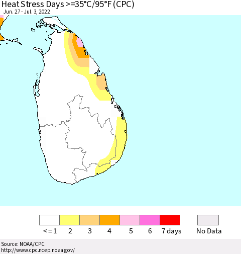 Sri Lanka Heat Stress Days >=35°C/95°F (CPC) Thematic Map For 6/27/2022 - 7/3/2022