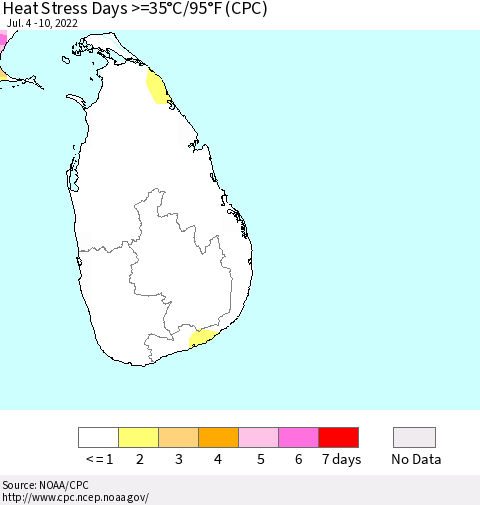 Sri Lanka Heat Stress Days >=35°C/95°F (CPC) Thematic Map For 7/4/2022 - 7/10/2022