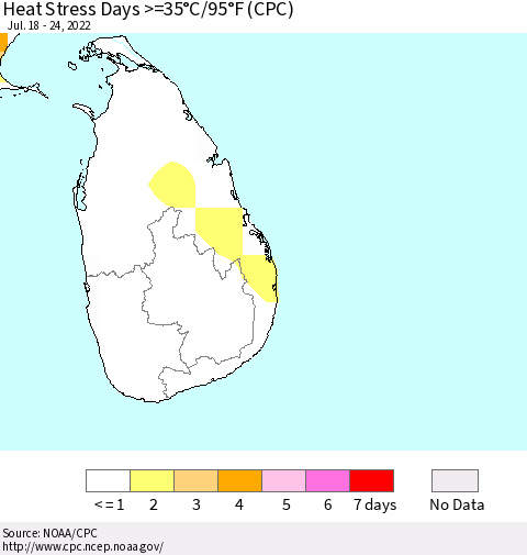 Sri Lanka Heat Stress Days >=35°C/95°F (CPC) Thematic Map For 7/18/2022 - 7/24/2022