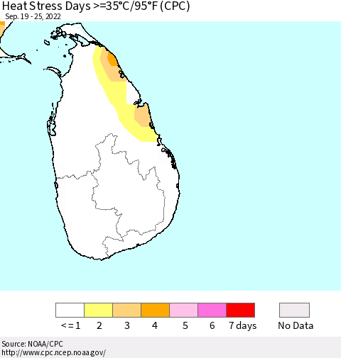 Sri Lanka Heat Stress Days >=35°C/95°F (CPC) Thematic Map For 9/19/2022 - 9/25/2022