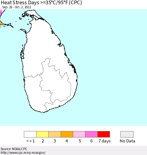 Sri Lanka Heat Stress Days >=35°C/95°F (CPC) Thematic Map For 9/26/2022 - 10/2/2022