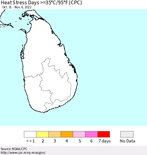 Sri Lanka Heat Stress Days >=35°C/95°F (CPC) Thematic Map For 10/31/2022 - 11/6/2022