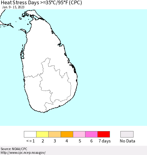 Sri Lanka Heat Stress Days >=35°C/95°F (CPC) Thematic Map For 1/9/2023 - 1/15/2023