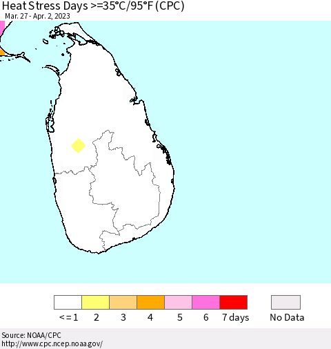 Sri Lanka Heat Stress Days >=35°C/95°F (CPC) Thematic Map For 3/27/2023 - 4/2/2023