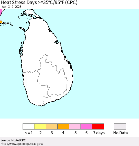 Sri Lanka Heat Stress Days >=35°C/95°F (CPC) Thematic Map For 4/3/2023 - 4/9/2023