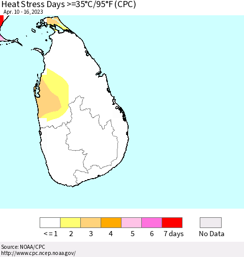 Sri Lanka Heat Stress Days >=35°C/95°F (CPC) Thematic Map For 4/10/2023 - 4/16/2023