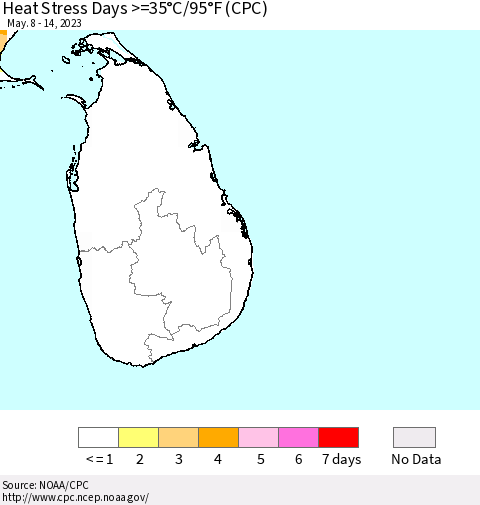Sri Lanka Heat Stress Days >=35°C/95°F (CPC) Thematic Map For 5/8/2023 - 5/14/2023