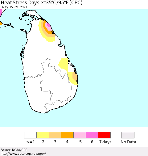 Sri Lanka Heat Stress Days >=35°C/95°F (CPC) Thematic Map For 5/15/2023 - 5/21/2023