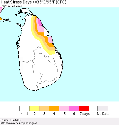 Sri Lanka Heat Stress Days >=35°C/95°F (CPC) Thematic Map For 5/22/2023 - 5/28/2023