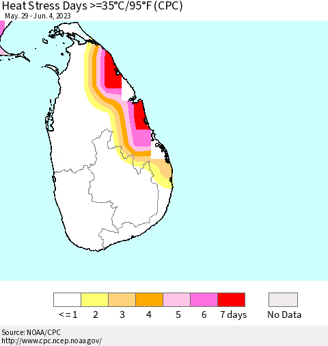 Sri Lanka Heat Stress Days >=35°C/95°F (CPC) Thematic Map For 5/29/2023 - 6/4/2023