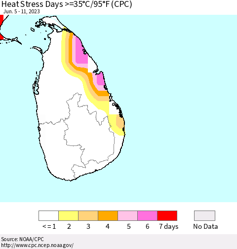 Sri Lanka Heat Stress Days >=35°C/95°F (CPC) Thematic Map For 6/5/2023 - 6/11/2023