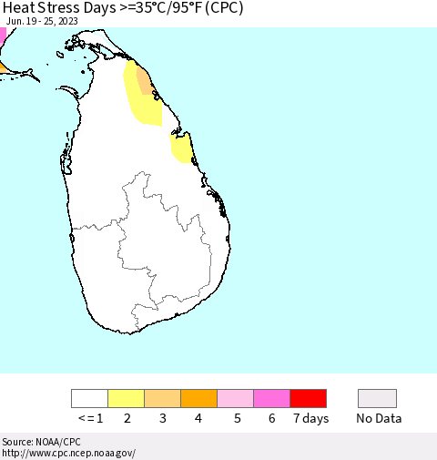 Sri Lanka Heat Stress Days >=35°C/95°F (CPC) Thematic Map For 6/19/2023 - 6/25/2023