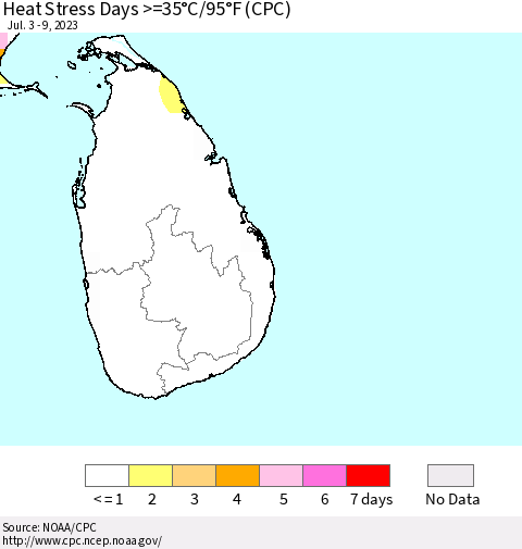 Sri Lanka Heat Stress Days >=35°C/95°F (CPC) Thematic Map For 7/3/2023 - 7/9/2023