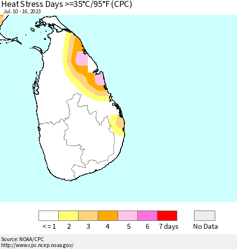 Sri Lanka Heat Stress Days >=35°C/95°F (CPC) Thematic Map For 7/10/2023 - 7/16/2023