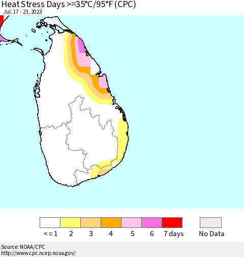 Sri Lanka Heat Stress Days >=35°C/95°F (CPC) Thematic Map For 7/17/2023 - 7/23/2023