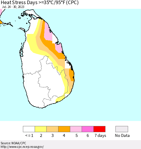 Sri Lanka Heat Stress Days >=35°C/95°F (CPC) Thematic Map For 7/24/2023 - 7/30/2023