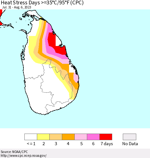 Sri Lanka Heat Stress Days >=35°C/95°F (CPC) Thematic Map For 7/31/2023 - 8/6/2023